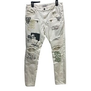 EMBELLISH Mens White Graphic Distressed‎ Skinny Jeans Size 32 Hipster Rockabilly